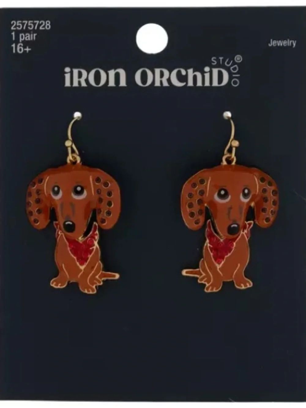 New Iron Orchid Dachshund Dog Drop Earrings - Brown with Red Accent